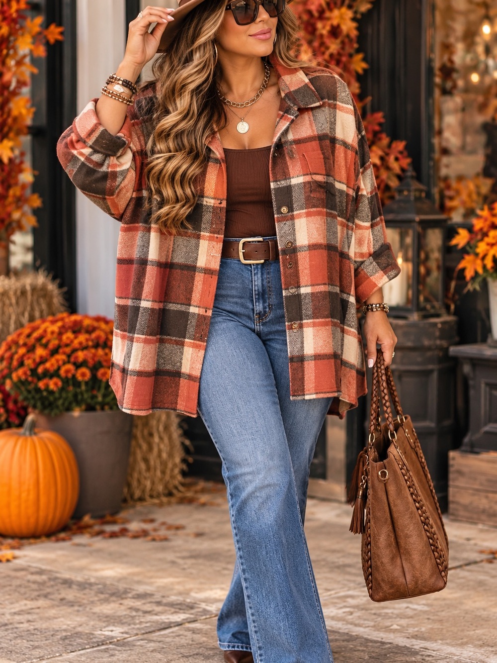 Brand New Plaid Button-Front Shacket in Rust and Brown - Fall